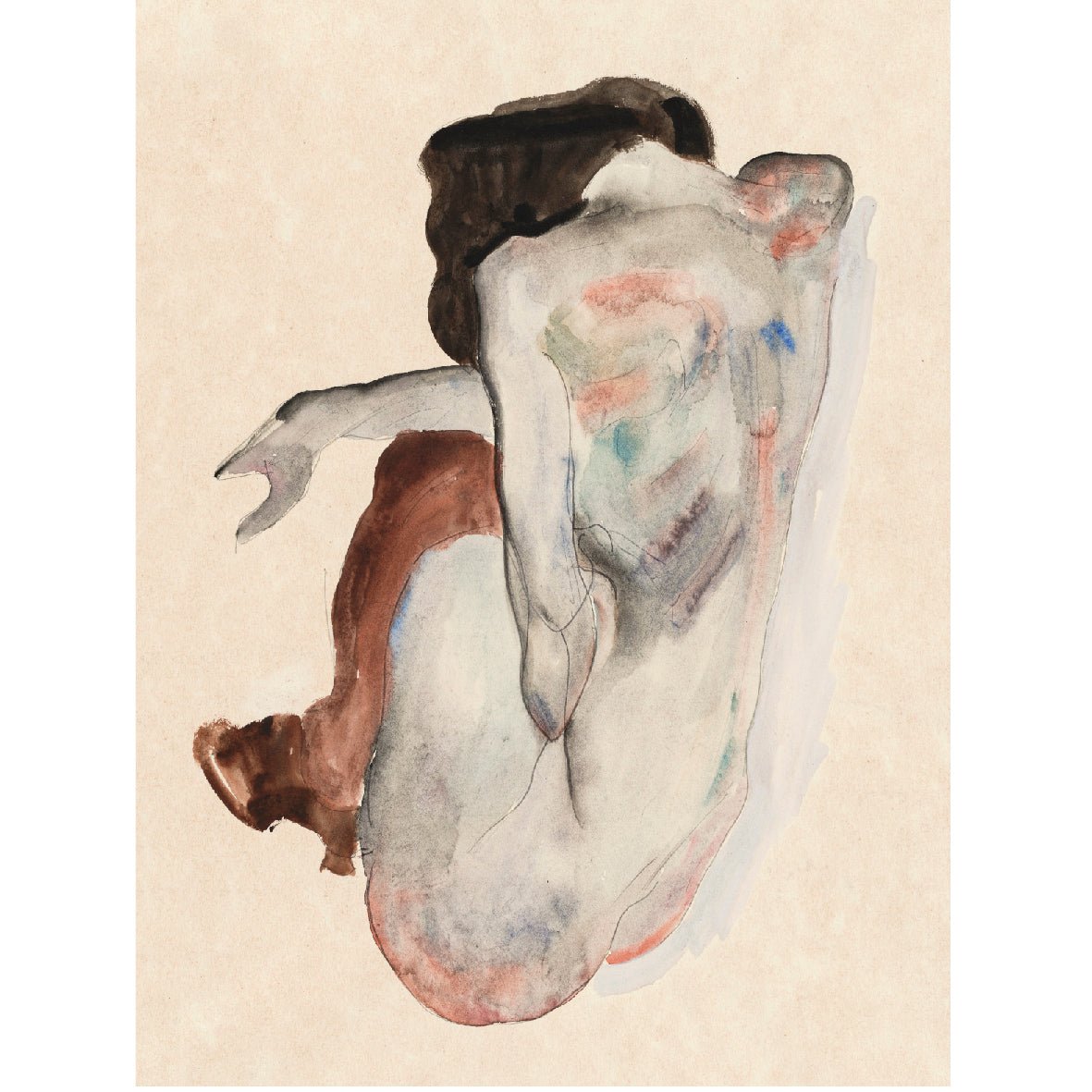 Decorative "Crouching Nude in Shoes and Black Stockings (1912)" by Egon Schiele Poster | High - Quality Print | Repositionable Adhesive - Pasquín