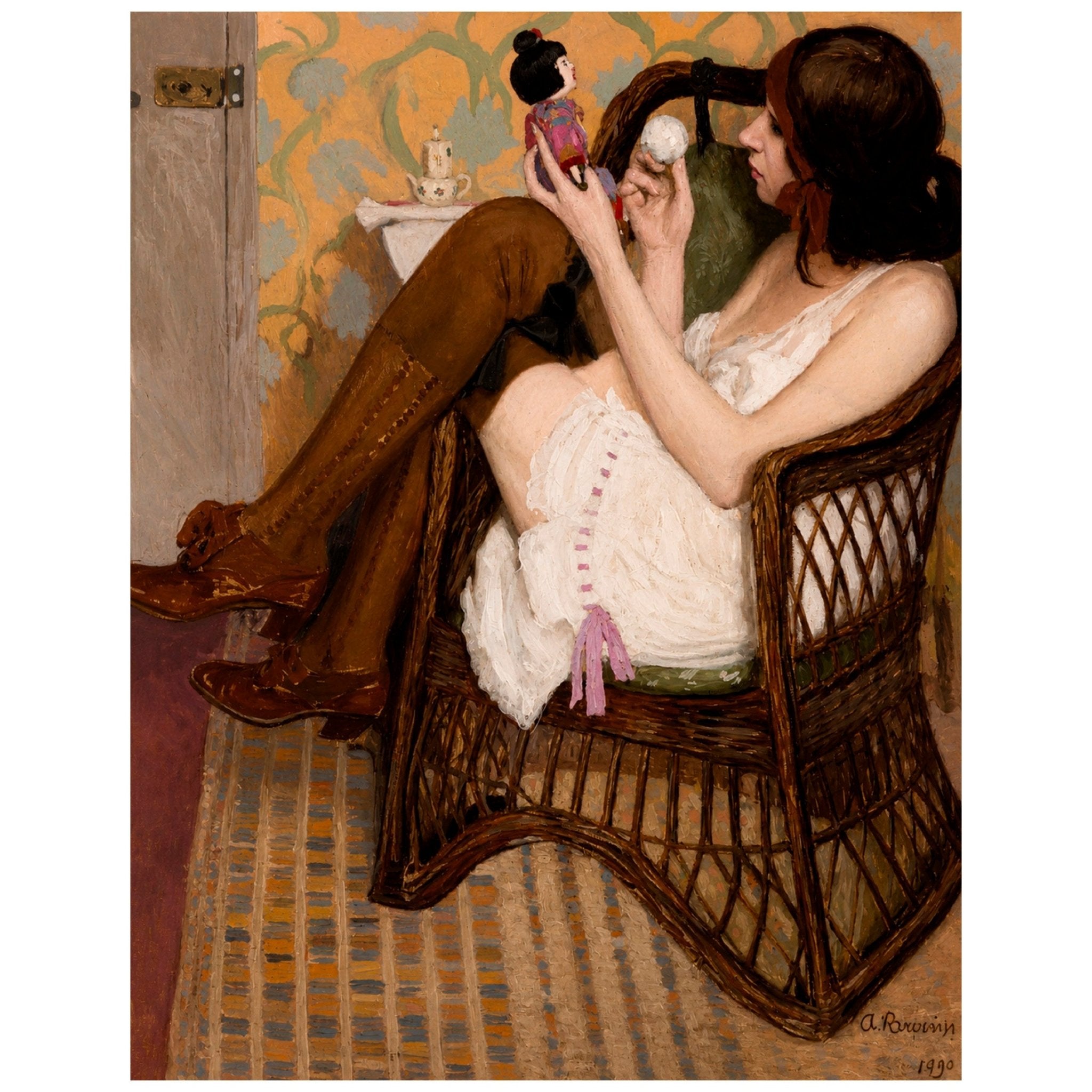 "Jane with a Japanese Doll (1908)" by Alfons Karpiński - Reusable Peel-and-Stick Poster - Pasquín