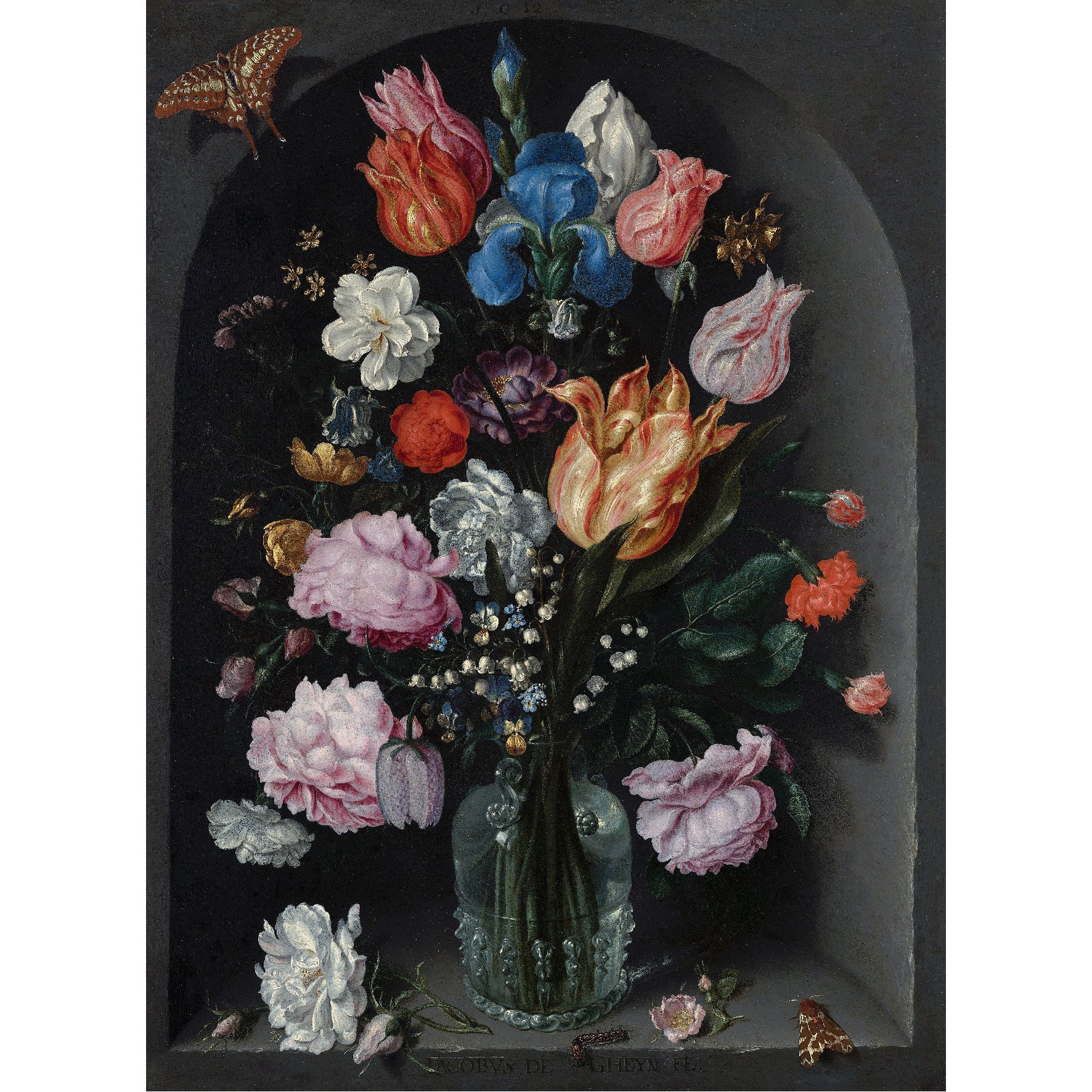 Decorative "Flowers in a Glass Flask (1612)" by Jacob de Gheyn II Poster | High - Quality Print | Repositionable Adhesive - Pasquín Store