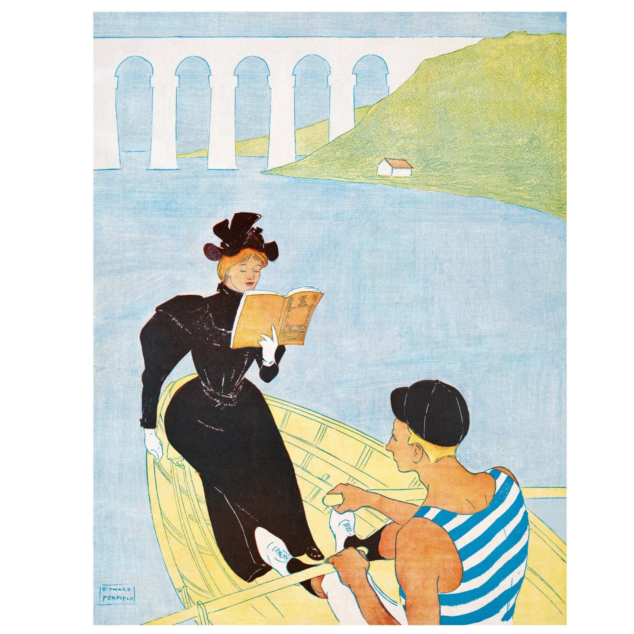 Decorative "Woman Reading in a Row Boat (1894)" by Edward Penfield Poster | High - Quality Print | Repositionable Adhesive - Pasquín