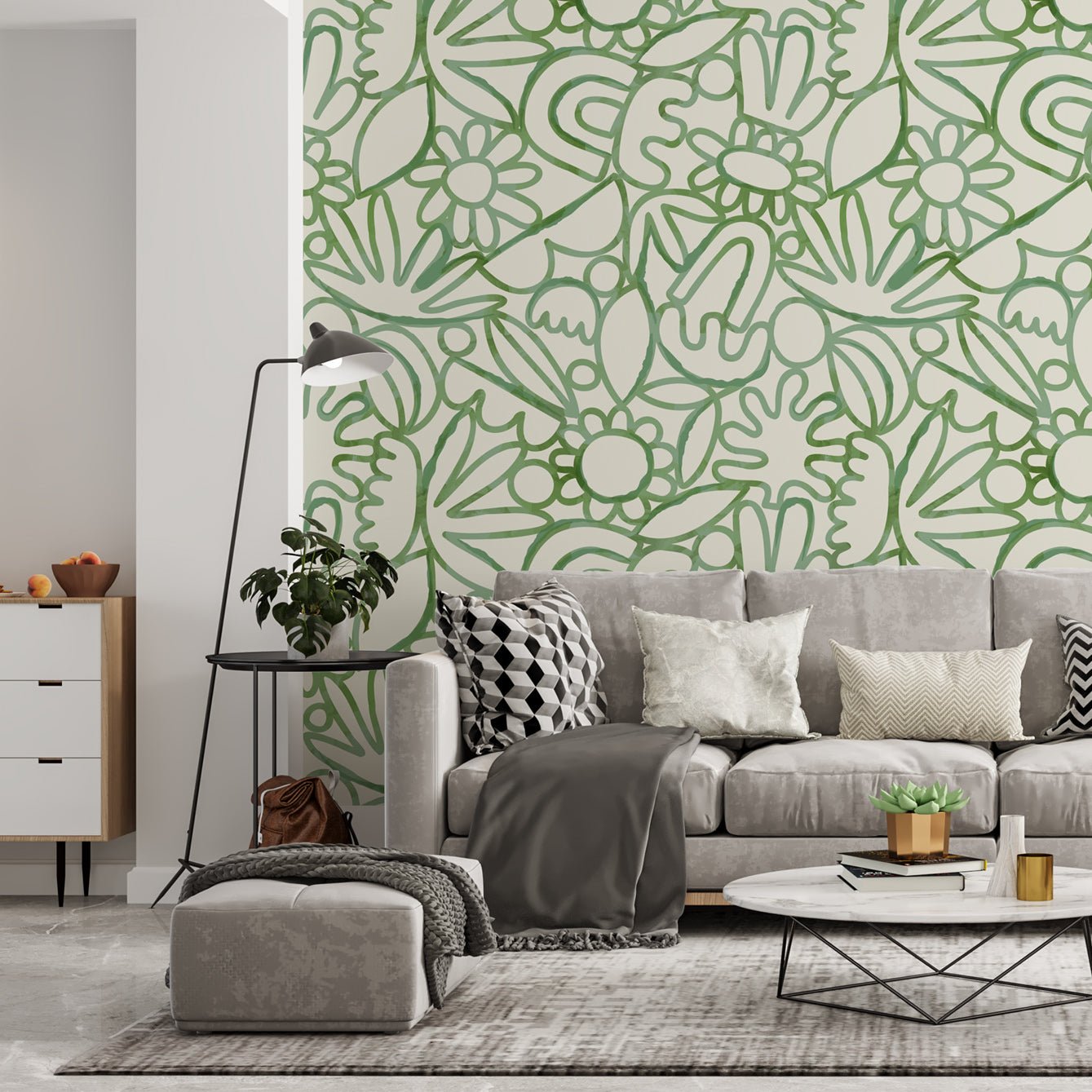 Flowers and Art Green Wall Wallpaper - High - Quality Fabric, Not Vinyl - Pasquín Store