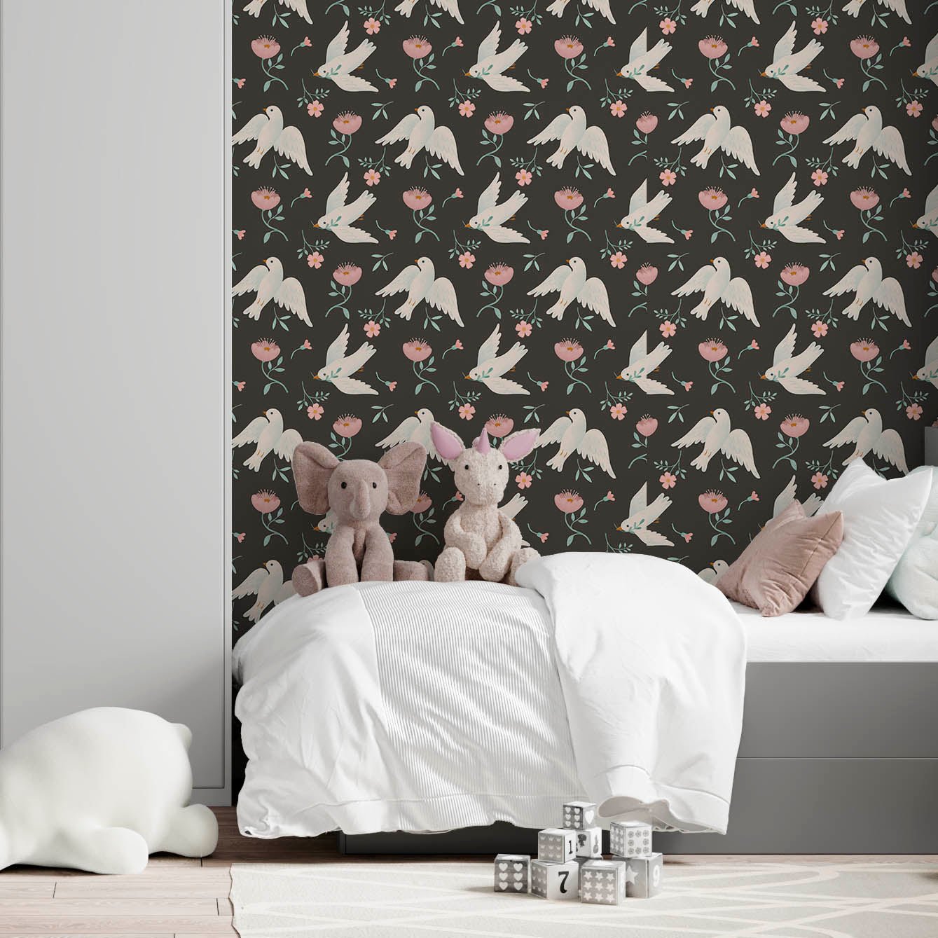 Repositionable Fabric Wallpaper - Little Birds and Chocolate Design - Pasquín Store