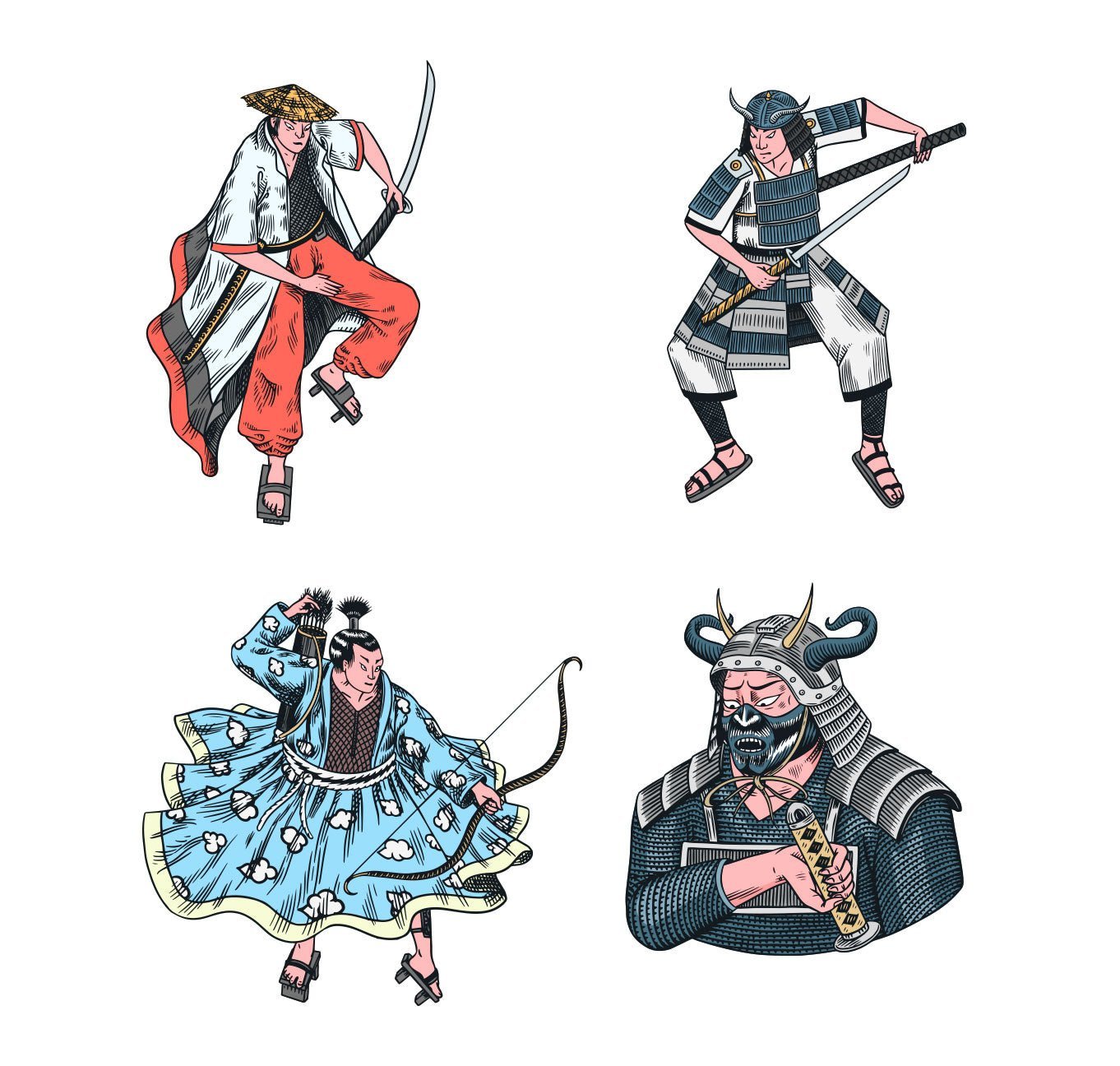 Set of 4 Reusable Stickers: Samurai | High - Quality Print | Water - Resistant - Pasquín Store