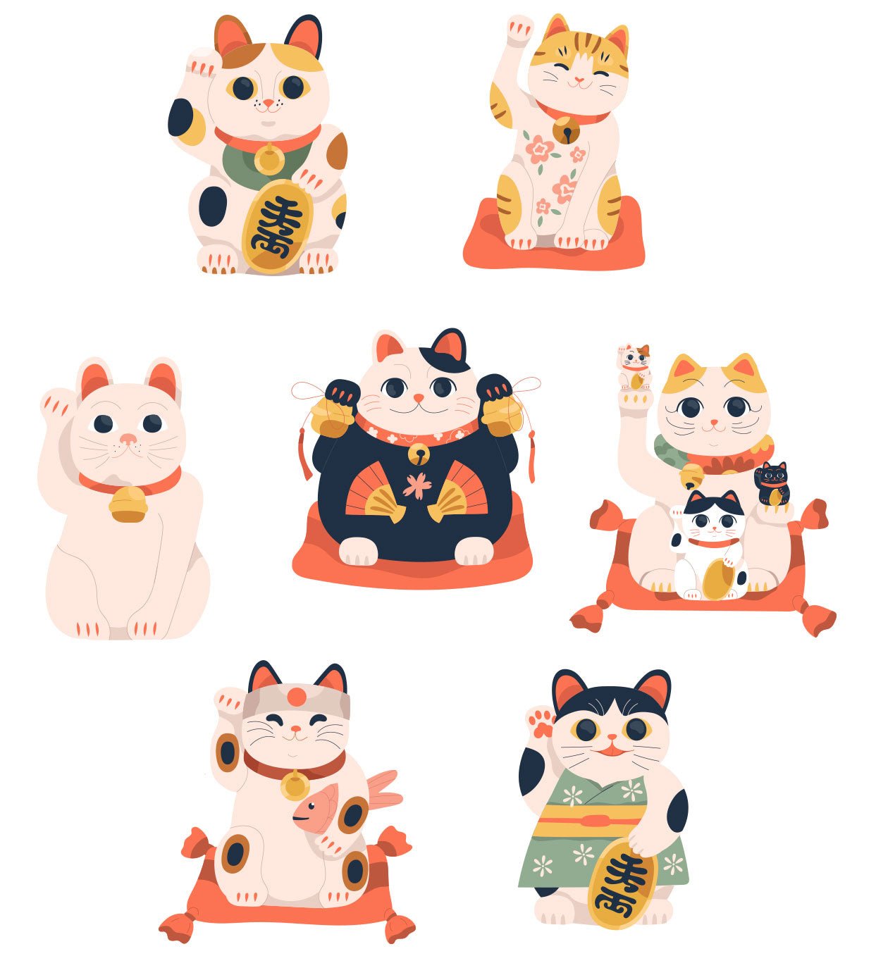 Set of 7 Reusable Stickers: Maneki - neko, Good Luck Cats | High - Quality Print | Water - Resistant - Pasquín Store