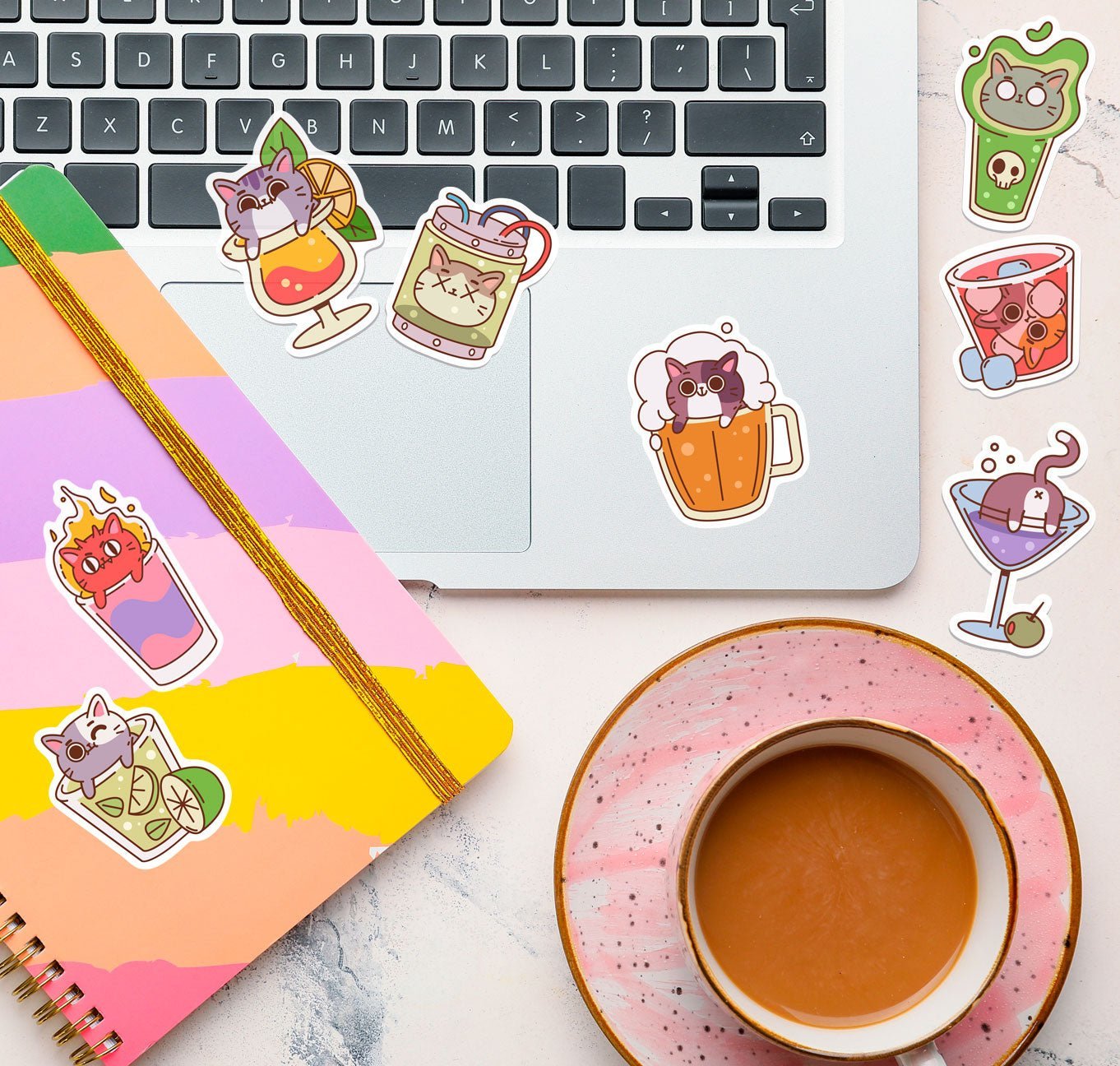 Set of 8 Reusable Stickers: Kittens Coctail | High - Quality Print | Water - Resistant - Pasquín Store