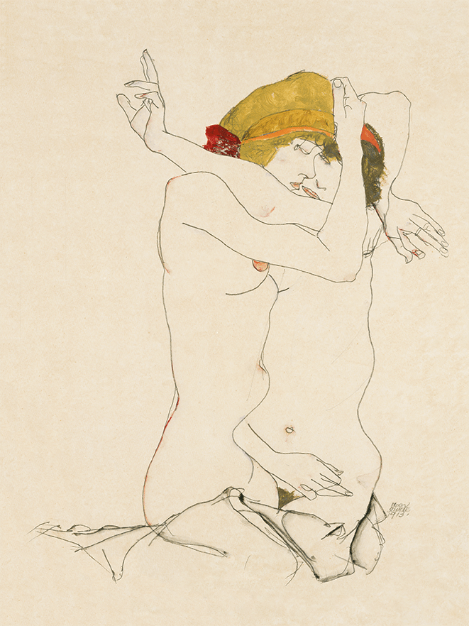 "Zwei sich umarmende Frauen" by Egon Schiele - Reusable Peel-and-Stick Poster - Pasquín